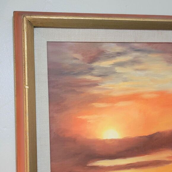 VTG 1973 Ocean Sunset Sea Landscape Oil Painting Frame 21 1/2" x 24 1/2" Red Sky - Picture 5 of 16